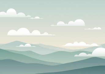 Serene Mountain Landscape with Clouds Minimalist Style Soft Pastel Colors.