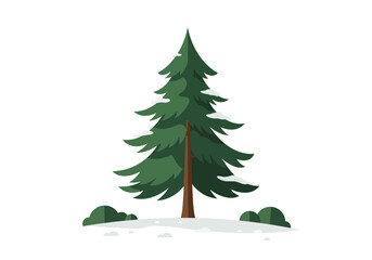 Cartoon Evergreen Tree with Snow Brown Trunk and Green Bushes.