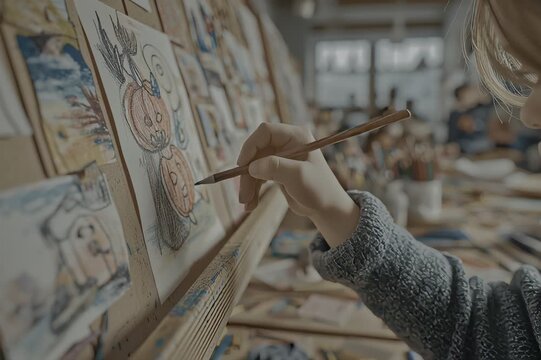 Enfant dessinant une citrouille sur chevalet, gros plan sur le geste dans une salle de classe artistique