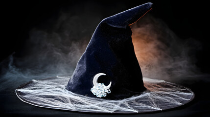 A velvet black witch hat with silver cobweb details, glowing with mysterious orange backlighting for Halloween