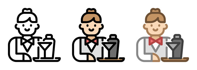Female bartender icon. Barkeeper line and fill icon. Outline, filled, and color versions. Vector illustration with editable stroke. Isolated on transparent background.