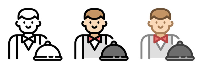Waiter serving cloche icon. Restaurant staff line and fill icon. Outline, filled, and color versions. Vector illustration with editable stroke. Isolated on transparent background.