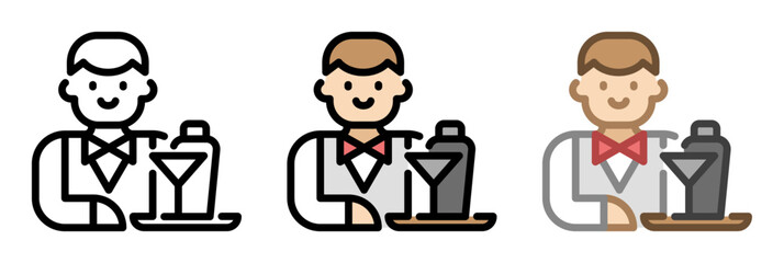 Male bartender icon. Barkeeper line and fill icon. Outline, filled, and color versions. Vector illustration with editable stroke. Isolated on transparent background.