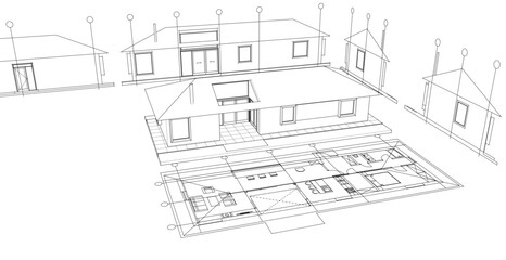 one-story traditional house plan 3d illustration