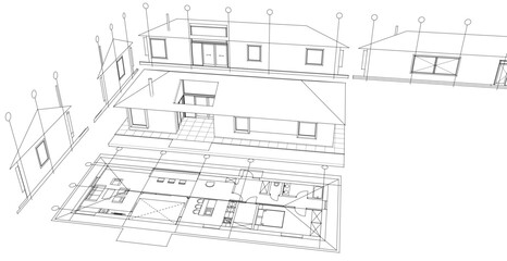 one-story traditional house plan 3d illustration