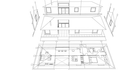one-story traditional house plan 3d illustration
