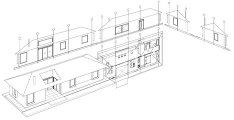 one-story traditional house plan 3d illustration