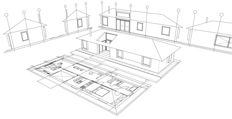 one-story traditional house plan 3d illustration