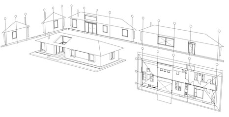 one-story traditional house plan 3d illustration
