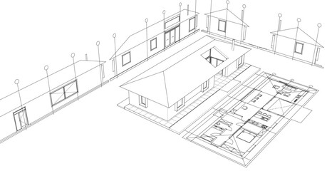 one-story traditional house plan 3d illustration