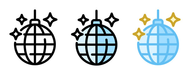 Disco ball icon. Mirror ball, line and fill icon. Outline, filled, and color versions. Vector illustration with editable stroke. Isolated on transparent background.