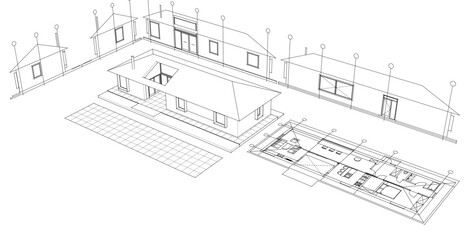 one-story traditional house plan 3d illustration