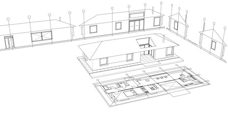 one-story traditional house plan 3d illustration