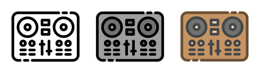 DJ controller icon. Music mixing device, line and fill icon. Outline, filled, and color versions. Vector illustration with editable stroke. Isolated on transparent background.