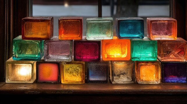 Colorful glass bricks arranged on a windowsill