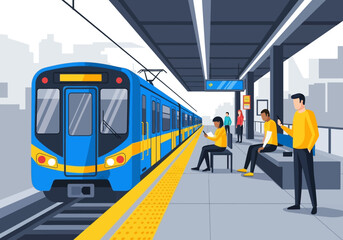 Blue Train at Station with Passengers Waiting on Platform Illustration