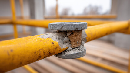 Broken scaffolding joint close up with damaged concrete and rusted yellow metal pipe showing wear and tear
