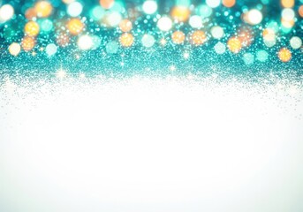 Fototapeta premium Abstract festive background with sparkling teal and gold bokeh lights and glitter on a white background