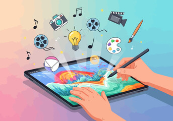 Digital creativity concept showing a hand drawing on a tablet, with multimedia icons for art, music, and video emerging.