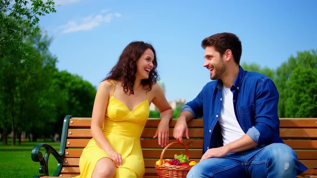 Romantic picnic date in the park, joyful couple enjoying the sunny day outside