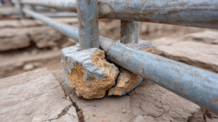 Fototapeta premium Damaged scaffolding joint with rusted metal pipes and cracked concrete base showing wear and decay in construction site