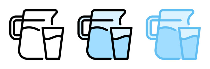 Water pitcher and glass icon. Water glass, line and fill icon. Outline, filled, and color versions. Vector illustration with editable stroke. Isolated on transparent background.