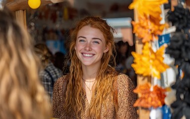 Smiling young woman with red hair and freckles stands, surrounded by autumnal decorations and warm lighting, capturing a friendly vibe
