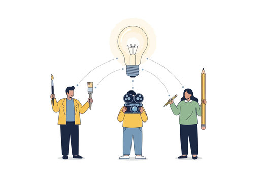 Collaborative creativity concept with a team of artists and a filmmaker sharing ideas to form a single brilliant concept.