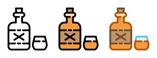 Rum icon. Rum bottle with glass, line and fill icon. Outline, filled, and color versions. Vector illustration with editable stroke. Isolated on transparent background.