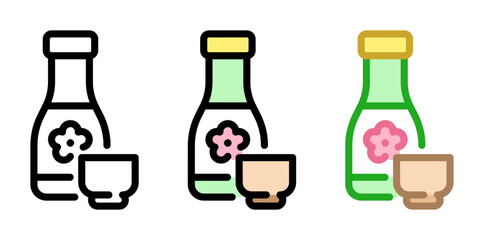 Sake bottle with mug icon. Sake line and fill icon. Outline, filled, and color versions. Vector illustration with editable stroke. Isolated on transparent background.