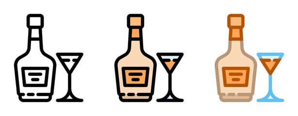 Obraz premium Liqueur icon. Liqueur bottle with glass, line and fill icon. Outline, filled, and color versions. Vector illustration with editable stroke. Isolated on transparent background.