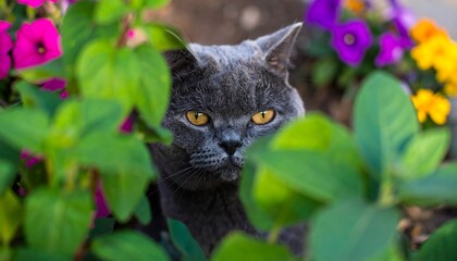 Gray cat in garden, peering out