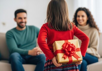 A young girl surprises her parents with a gift, creating a moment of joy and togetherness in their living room