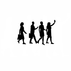 Diverse young team silhouette arriving together at workplace isolated on white background