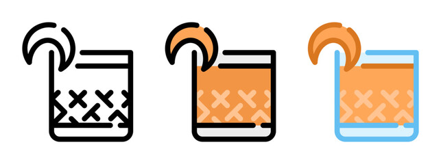 Old fashioned icon. Orange cocktail line and fill icon. Outline, filled, and color versions. Vector illustration with editable stroke. Isolated on transparent background.