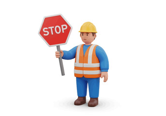 A 3D construction worker in a safety vest and hard hat holding a red stop sign for traffic control