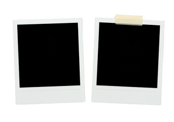 Two blank instant photo frames, one taped to a transparent background, isolated on transparent background