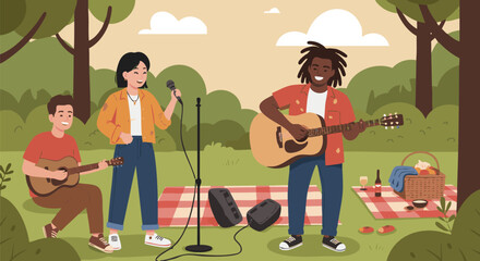 Joyful Friends Playing Music and Picnicking in Park