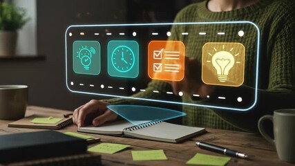 Productivity is enhanced as an adult woman interacts with a modern holographic interface, managing time and planning tasks with digital innovation in a contemporary home office. - Powered by Adobe