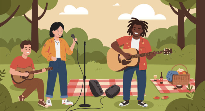 Joyful Friends Playing Music and Picnicking in Park