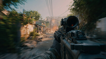 First person view of soldier holding a weapon, fps game