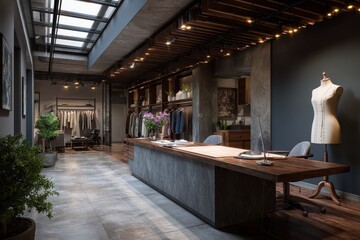 Modern fashion design studio featuring elegant tailor's office layout with natural light, stylish clothing displays, and creative workspace for designers to collaborate and craft unique garments