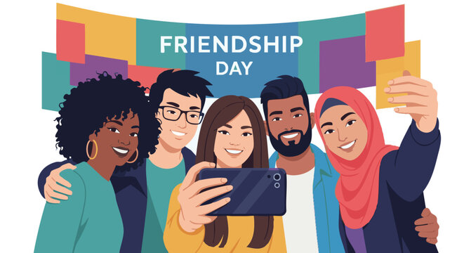 Diverse Friends Celebrate Friendship Day Taking Selfie