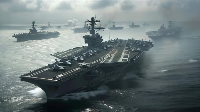 Nuclear war ships, Navy ship, Military navy. nuclear carrier running in the ocean. Military navy ship carrier full loading fighter jet aircraft for prepare troops