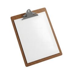 Wooden clipboard with blank white paper and metal clip, isolated on transparent background