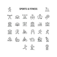 Sports  Fitness Line Icons Weightlifting Yoga Boxing Basketball Swimming Cycling Running and More