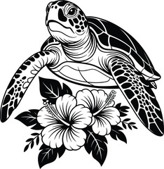 Sea turtle with hibiscus flowers, tropical marine life illustration, black and white design, ocean wildlife art, summer beach tattoo style