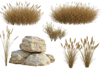 Collection of dry grass plants and rocks, isolated on transparent background