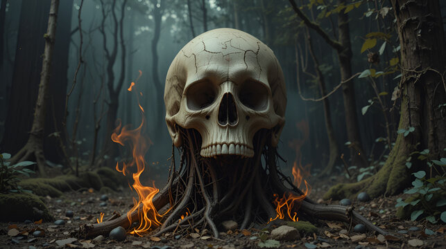Still life photography, skull on Flame Of The Forest at bottom o
