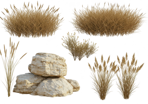 Collection of dry grass plants and rocks, isolated on transparent background